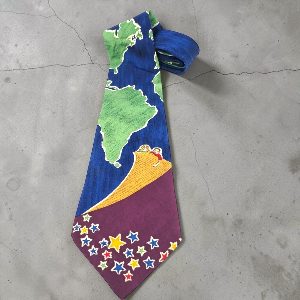 VTG Save the Children Silk Tie World Map Stars Michael Age 13 Blue Purple Mens